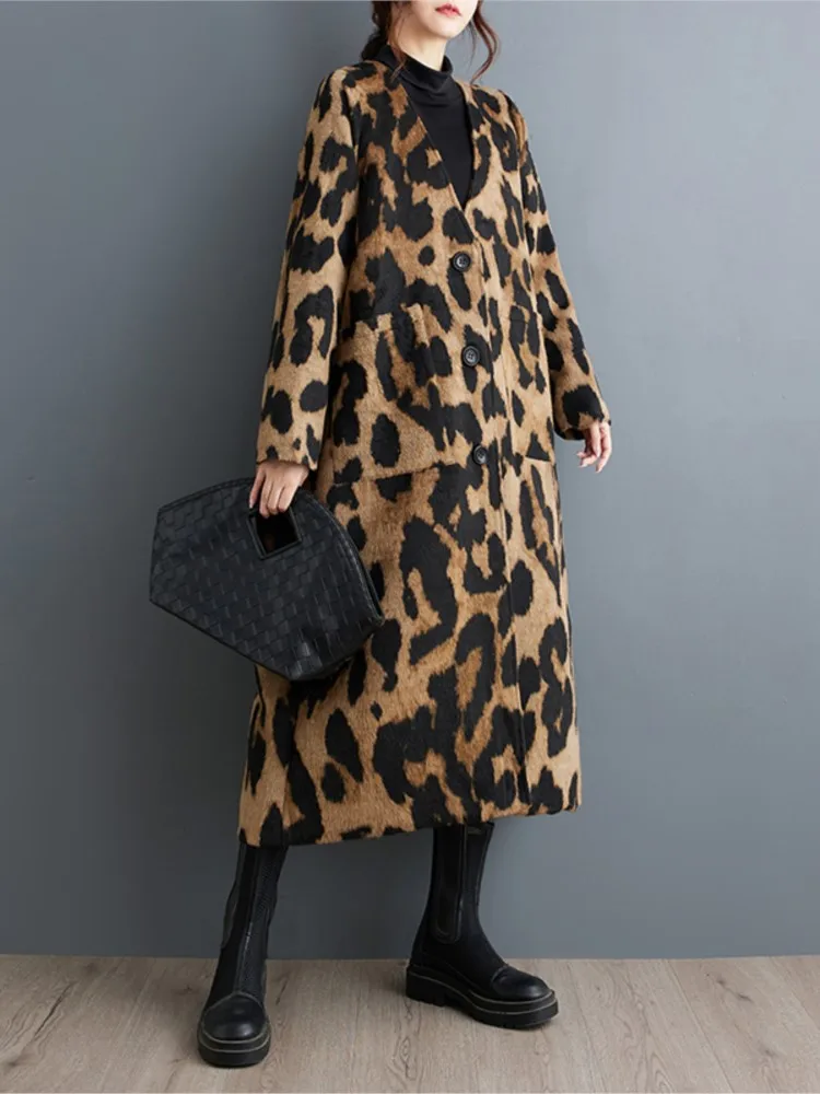 Leopard Print Autumn V-Neck Trench Coat Women Long Sleeve Modis Ladies Oversized Jackets Casual Loose Pleated Woman Trench Coats