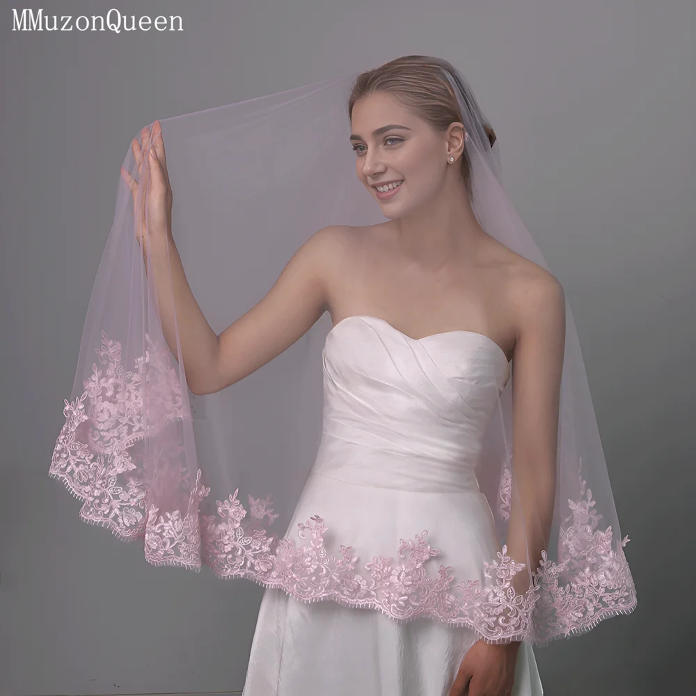 TOPQUEEN Pink Wedding Veil For Brides 1 Tier Solf Tulle Lace Edge Veil Without Comb Accessoires Mariage Velos De Novia Lujo M115