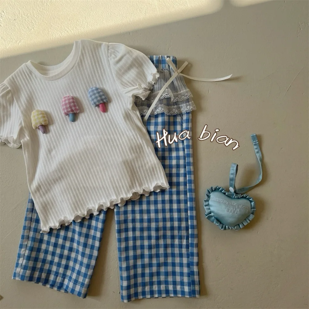 Children's Clothing Summer New Girl Baby Ice Cream Slim T-shirt Cotton Lace Plaid Pants Set Casual Fashion  Baby
