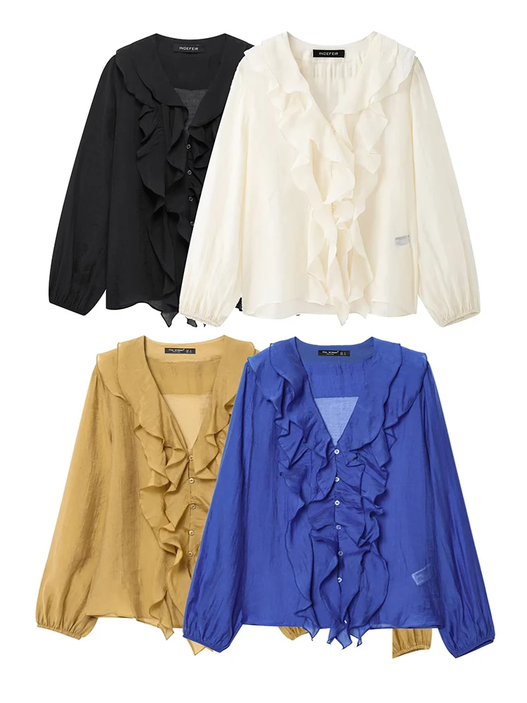 

TFMLN 2025 New Women Fashion Tierred Ruffles Blouse Female Solid Color Casual V Neck Long Sleeve Shirts Elegant Chic Thin Tops