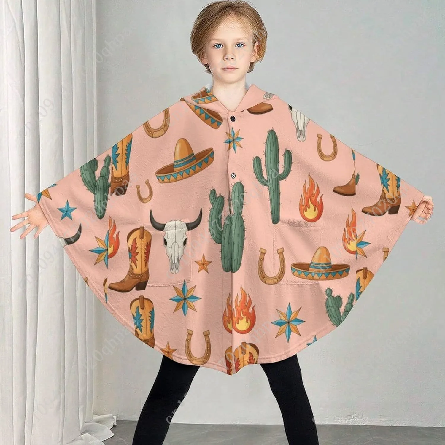 Pull couverture en flanelle confortable, bottes de taureau occidental, sweat à capuche surdimensionné avec poches pour enfants et adolescents