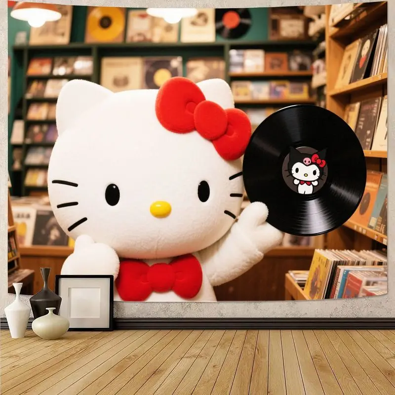 

1 шт. гобелен Sanrio Hello Kitty Kawaii, милая виниловая пластинка, настенное искусство для спальни, гостиной, общежития, декор, подарок для фанатов.