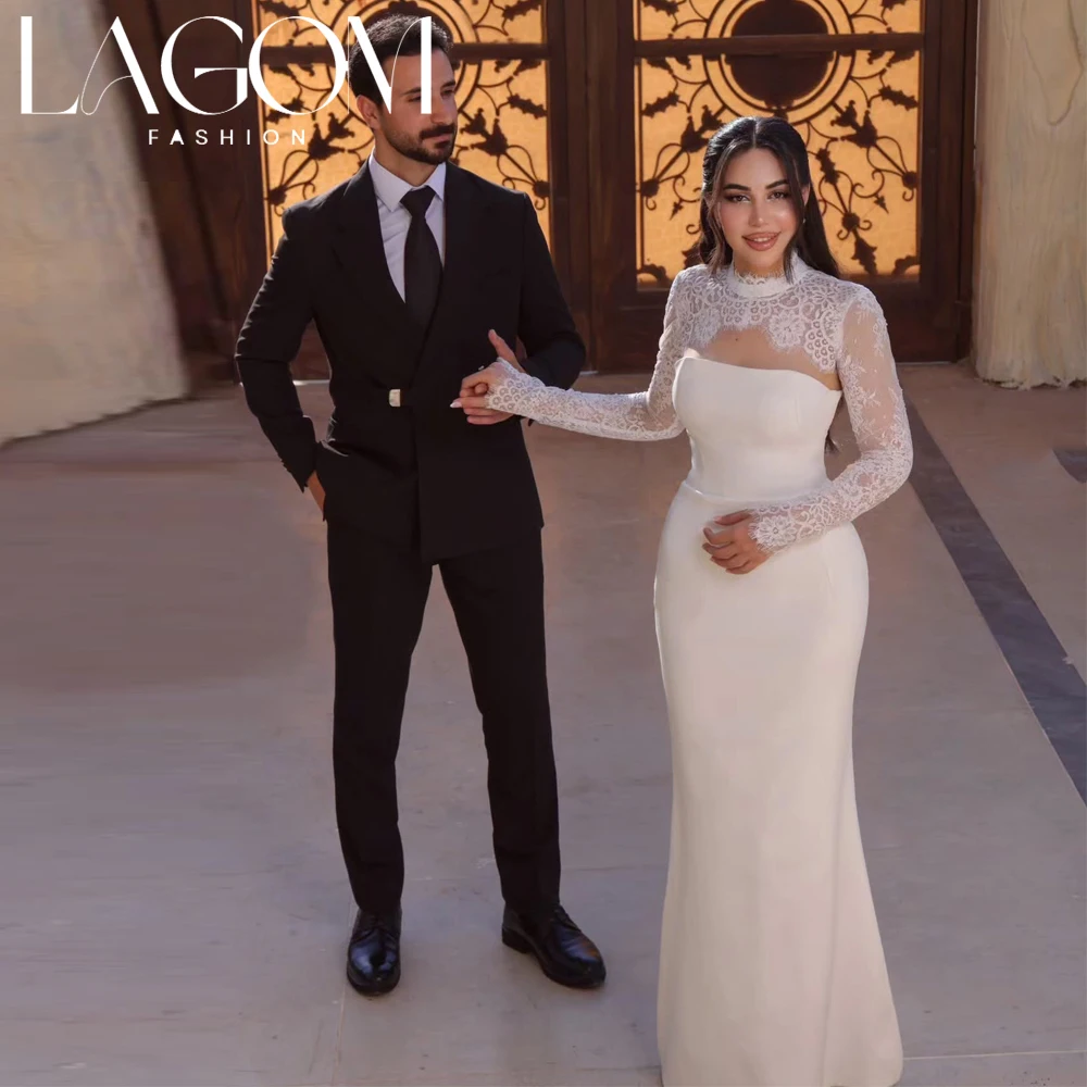 Lagom Elegant High Neck Long Lace Sleeve Matte Satin Bridal Gown Detachable Lace Top Wedding Dress Vestido de novia Customized