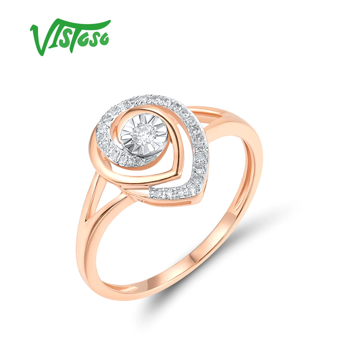 VISTOSO Authentic 14K 585 Two Tone Gold Ring For Women Sparkling Diamond Delicate Wedding Engagement Gifts Fine Jewelry