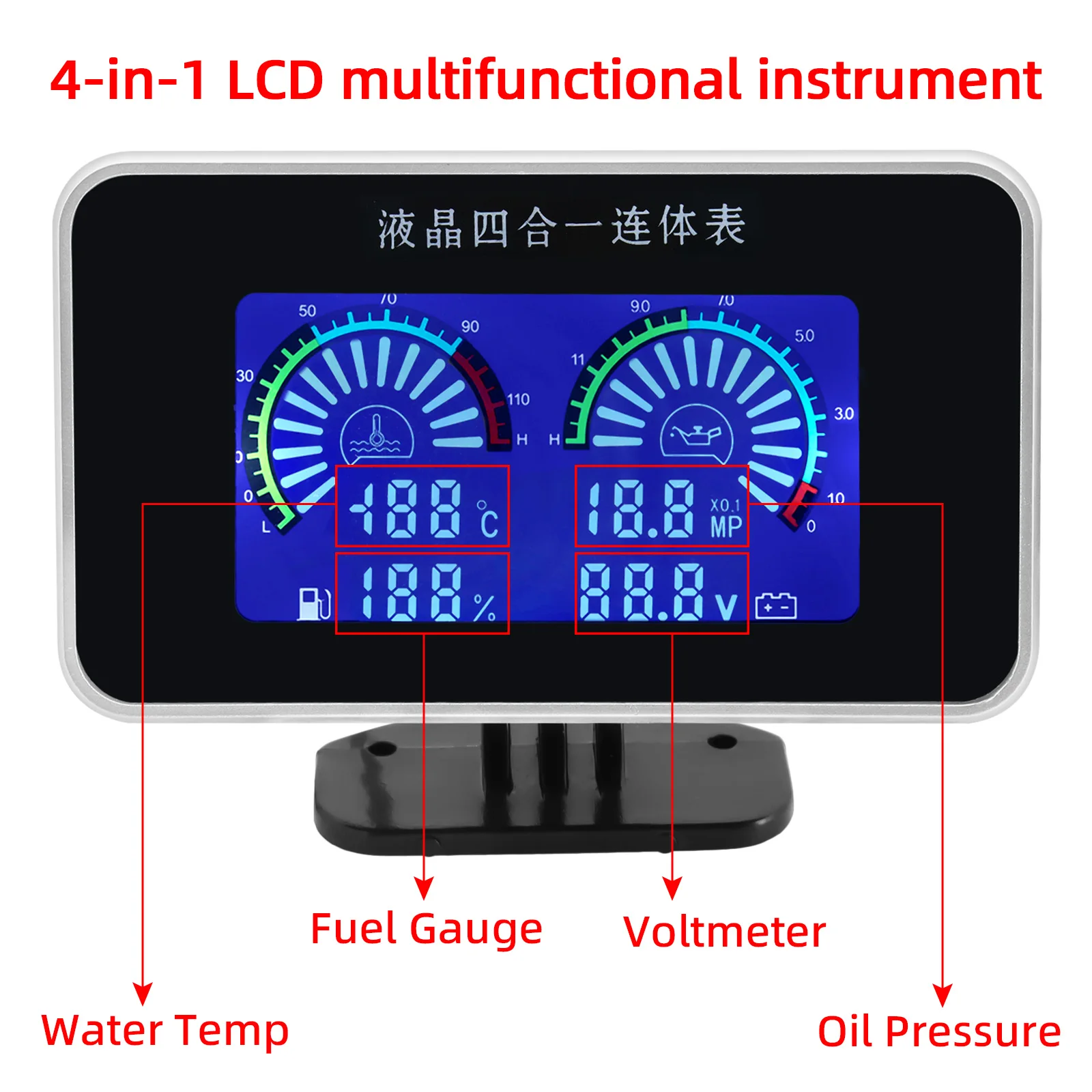 4in1 LCD car digital gauge oil pressure gauge sensor 1/8 npt voltage fuel water temp meter M10 temperature sensors 10mm 12V 24V