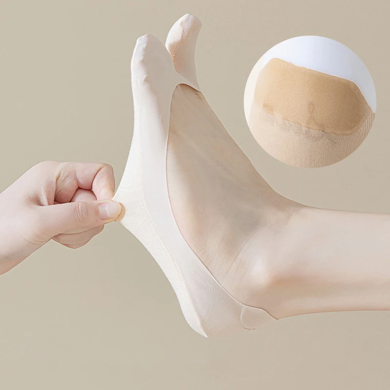 Two Toe Socks Women Summer Ice Silk Thin Invisible Non Slip Silicone Cotton Bottom for Sandals Flats Casual Split Toe Boat Socks
