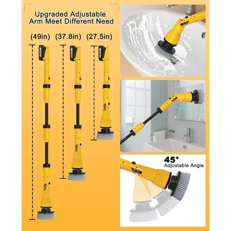 1000Rpm Elektrische Spin Scrubber, 20V Draadloze Reinigingsborstel Met Verstelbare Verlengingsarm, 4 Vervangbare Reinigingskoppen, Haak