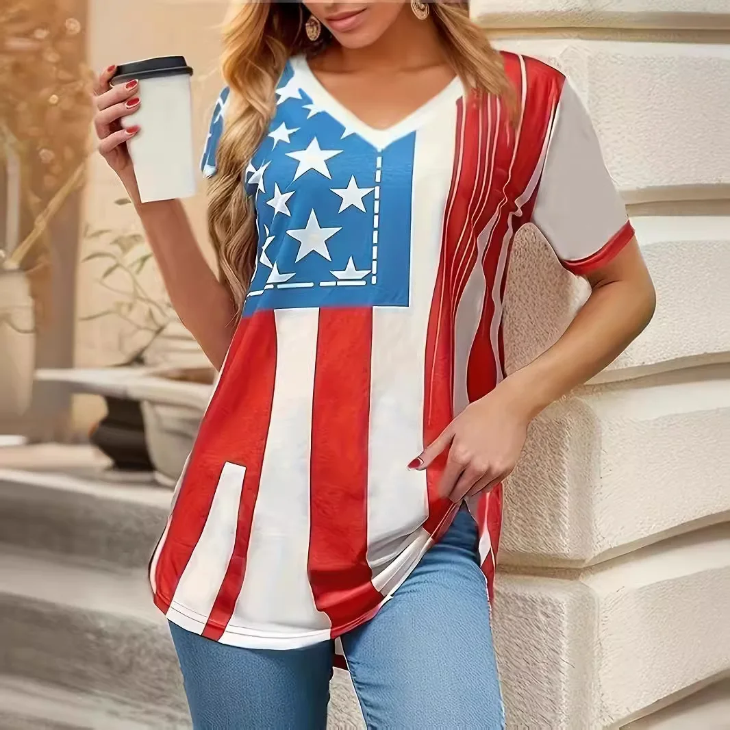 

2024 New Women's ort Sve V-Ne T-irt National Flag Design Independent Day Theme Cross-Border Cusizable Faion Top