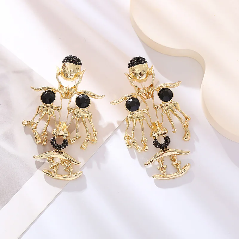 Retro new personality exaggerated design five-face earrings women's alloy diamond-encrusted long multi-layer s925 silver needle