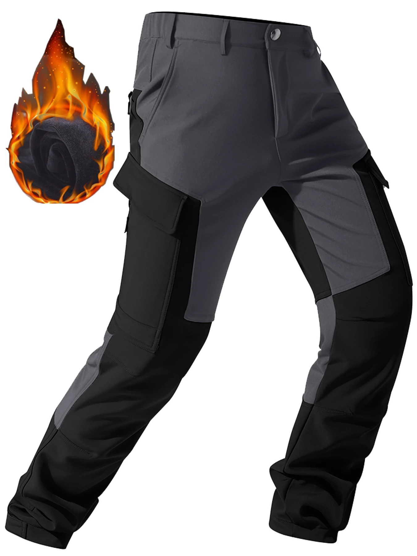 Men's Waterproof Work Pants, Thickened Fleece Lined Long Overalls for Autumn Winter Outdoor Activities, Multi-Pocket Design