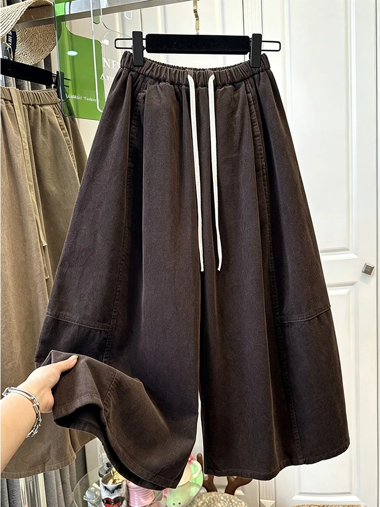 Authentic Corduroy Wide Leg Pants Drawstring Elastic Waist Casual Trousers Loose Slimming Early Autumn Ladies High Waist