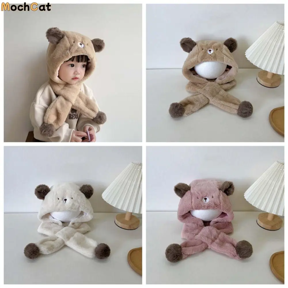 

Outdoor Solid Color Bear Plush Hat Fashion Design Korean Style Children Fleece Hat Cartoon Muffler Plush Hat with Scarf Girls