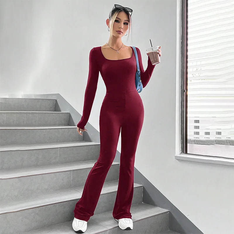 Lounge Wear Square Neck Rompers Womens Jumpsuit 2023 Fall Soft wear Long Sleeve Flare Pants Slim Streetwear Overalls One Pieces