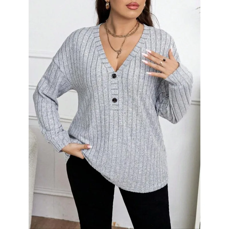 Plus Size Casual Women Elegant Knitted Shirt Fashion V Neck Tops Lady Button Solid Long Sleeve Clothing