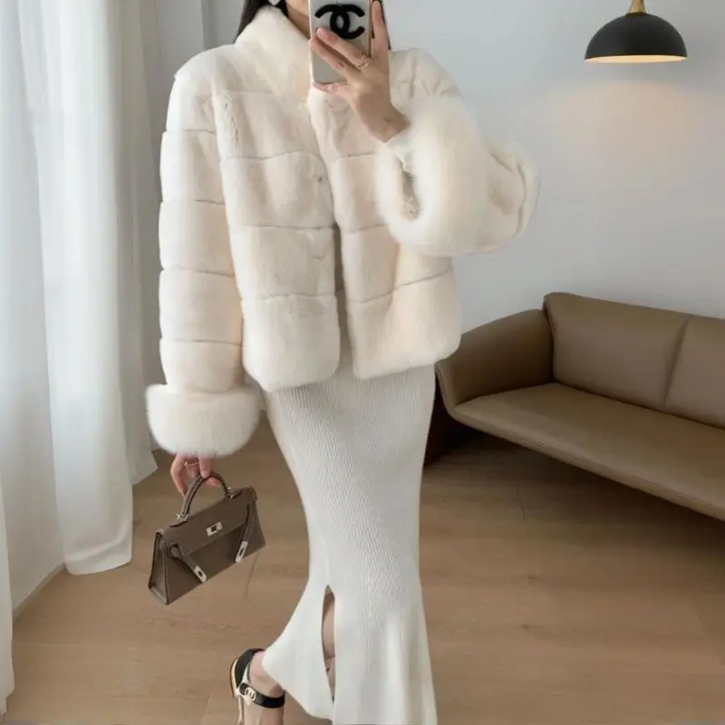 الشتاء النساء معطف فرو الأرنب الصناعي الوقوف طوق تقليد فرو المنك نصف كم سترة فروي الثعلب الشعر سترة يتدفقون الفراء القمم