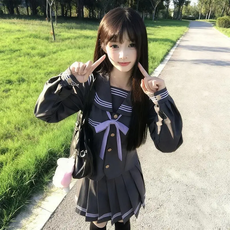 

2026 New Japanese Sweet Kawaii Preppy Bow Slim 2-piece Set Women Lovely Patchwork Sailor Suit Hepburn Chic Bouffant Thin Outfits
