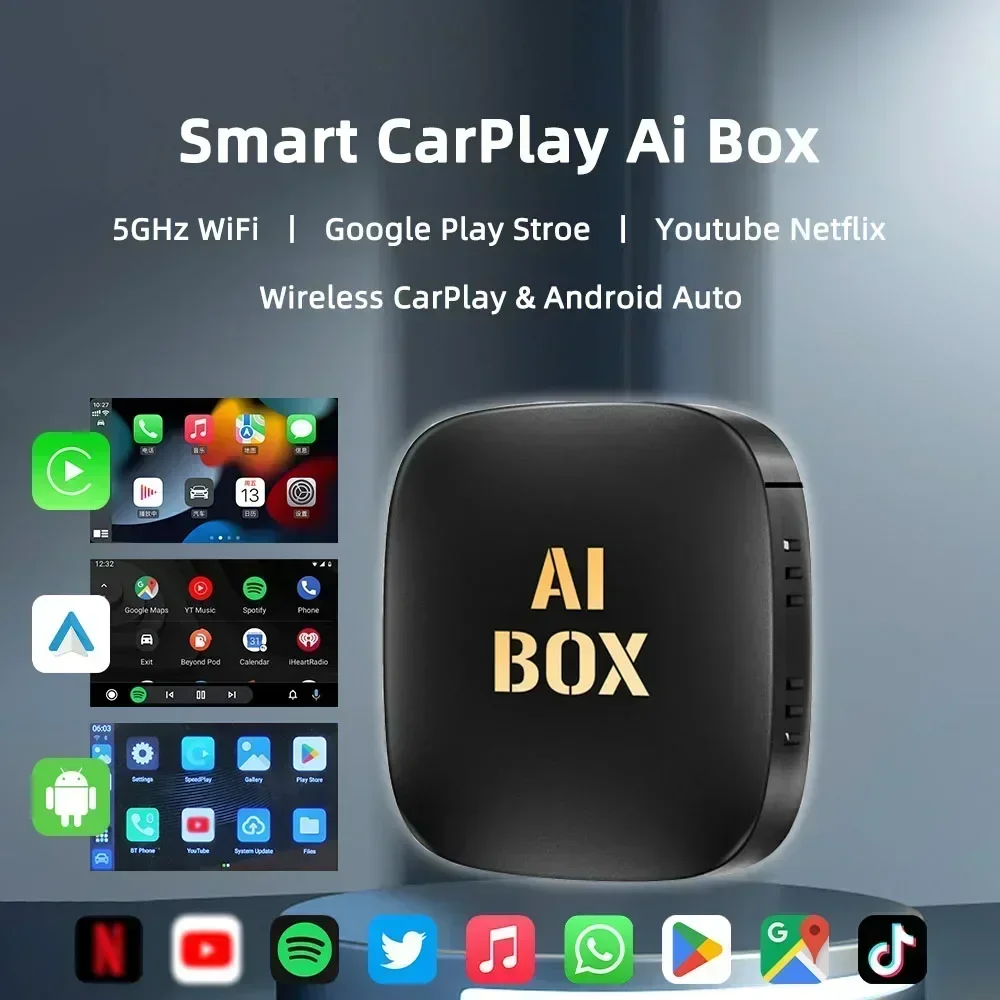 Android ai caixa com fio para carplay sem fio android adaptador automático wifi para youtube nexflit carros inteligente ai caixa bulit in play stroe