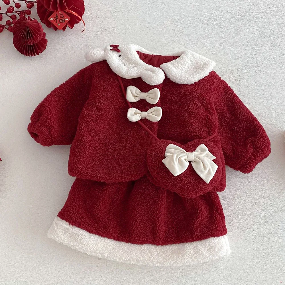 

Рождественский комплект для маленьких девочек, стеганое теплое зимнее пальто, юбка, детская одежда из двух предметов, красная новогодняя детская одежда в китайском стиле