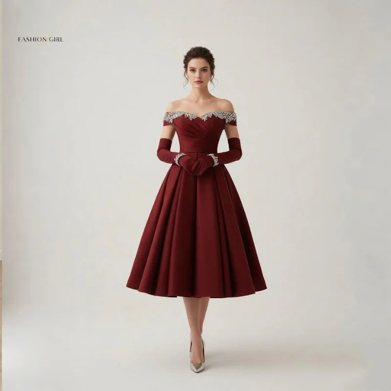 Customized Burgundy Cocktail Dress 2025 Strap Pearl Wine Red Satin Evening Dress Vintage Ball Dress with Gloves