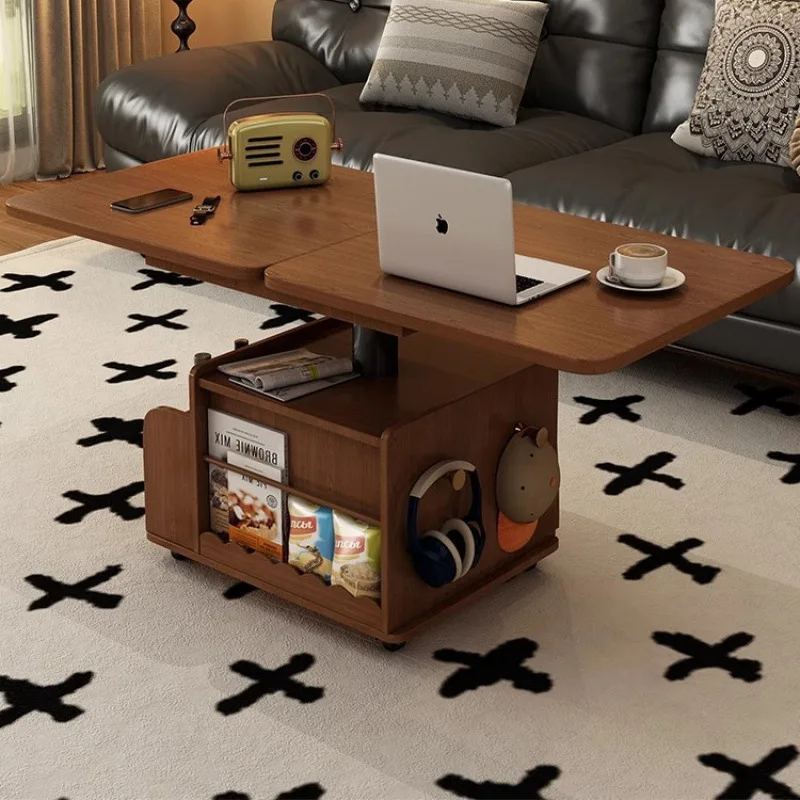 HYS liftable side folding mobile cart solid wood tea table tea table small apartment living room multi-functional sofa dining
