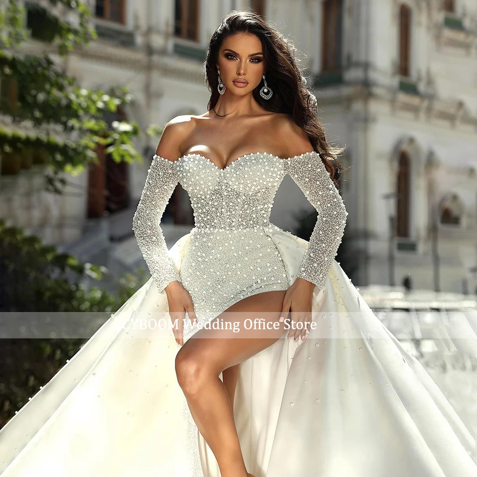 Personalizado de luxo trem destacável sereia vestido casamento 2024 sexy fenda lateral fora do ombro brilhante pérola frisado vestidos noiva