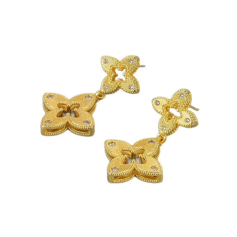 Retro-Mode Damen S925 Silber Ohrschmuck Gebürstete Hohle Kleeblatt-Rhombus-Form Hängende Ohrringe – Detail 6
