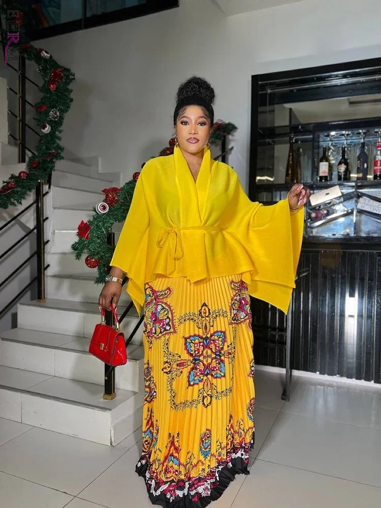 

EGRM Pleated Fashion 2 Piece Set Women Belt Batwing Sleeves Tops Print A-line Folds Long Dresses Elegant Party New Sets 32R1388