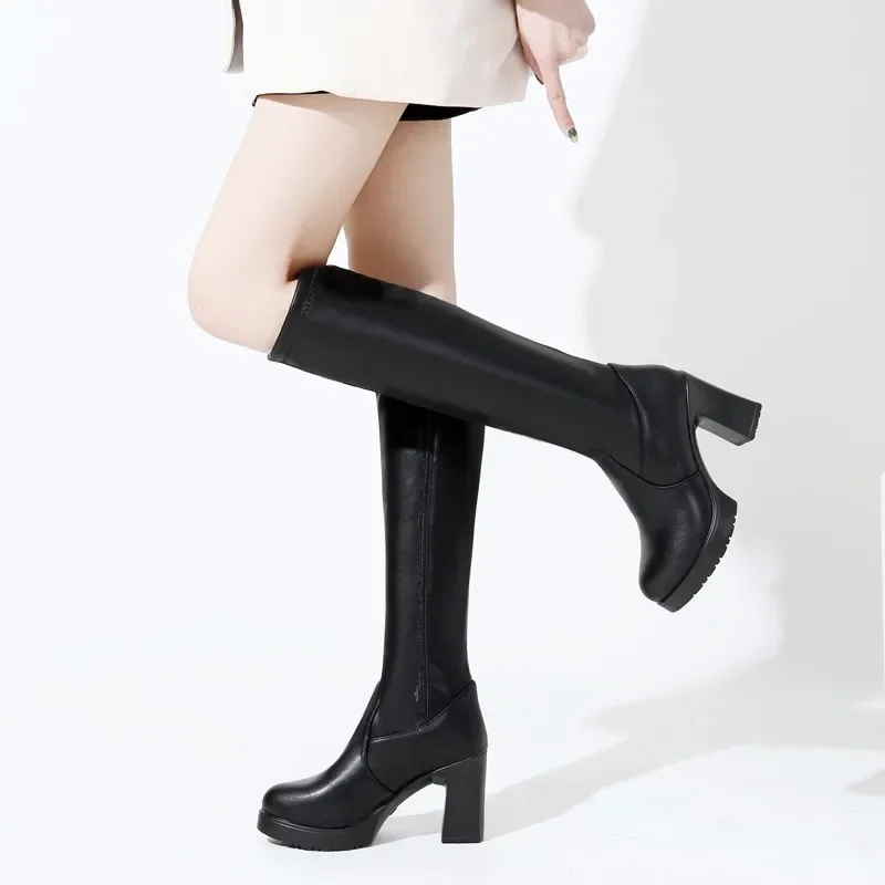 Winter Women Chelsea Knee High Heels Boots 2024 Thick Casual Shoes Motorcycle High Boots Pumps Black Women Zipper Fashion Boots