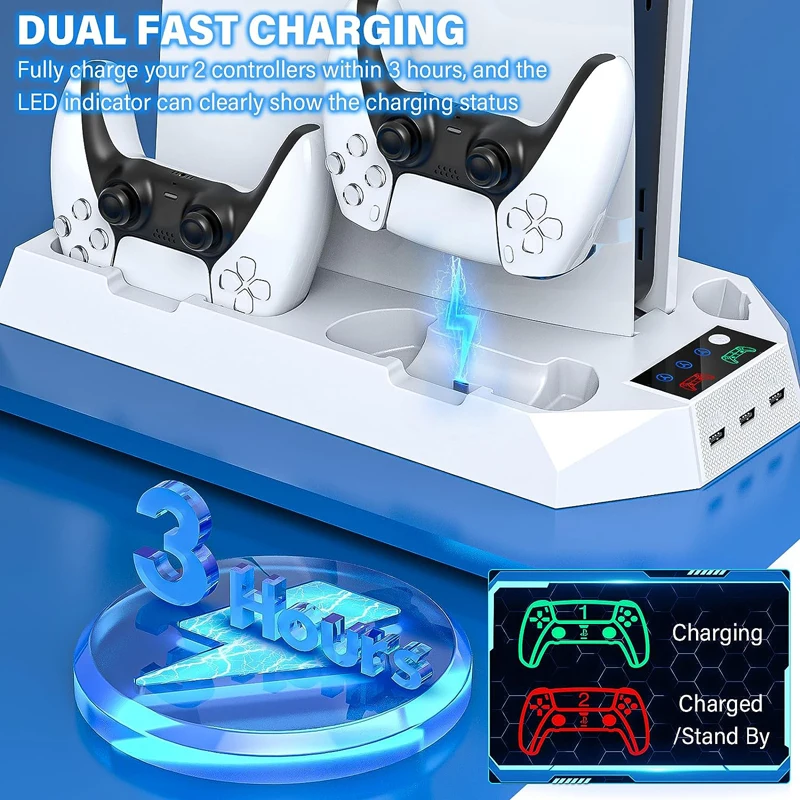 

For PS5 Console Vertical Stand Cooling Stand with Dual Controller Fast Charging Dock For Playstation5 Controller Accessories