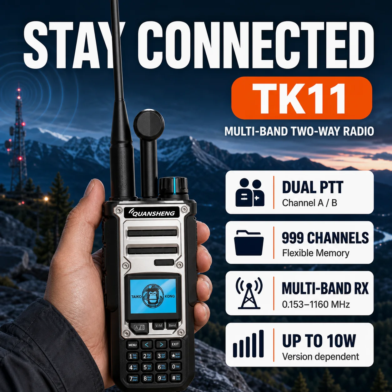 QUANSHENG TK-11(8) 10W Multi Band Ham Radio, 0.153-1160MHz RX, 999CH, 3000mAh USB-C Walkie Talkie