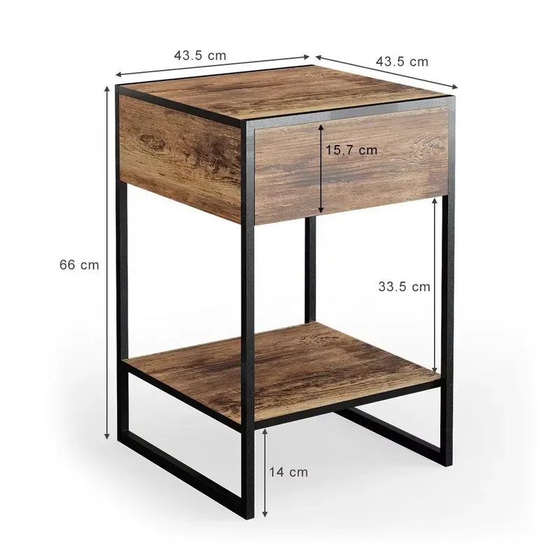 2PCS Bedside Table with Drawers Vintage Industrial Nightstand Wooden Top Coffee Table Country Style Storage End Table for