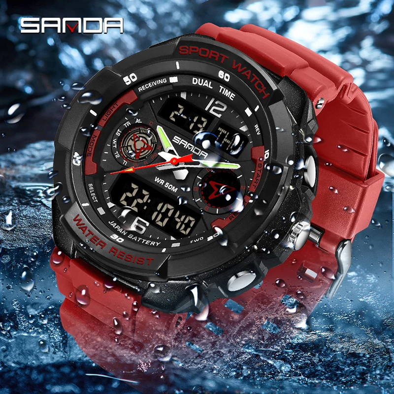 SANDA 6197 Waterproof Three Time Display Wristwatches Relogio Masculino watch Sport Men Military Digital Watches Sport Watch