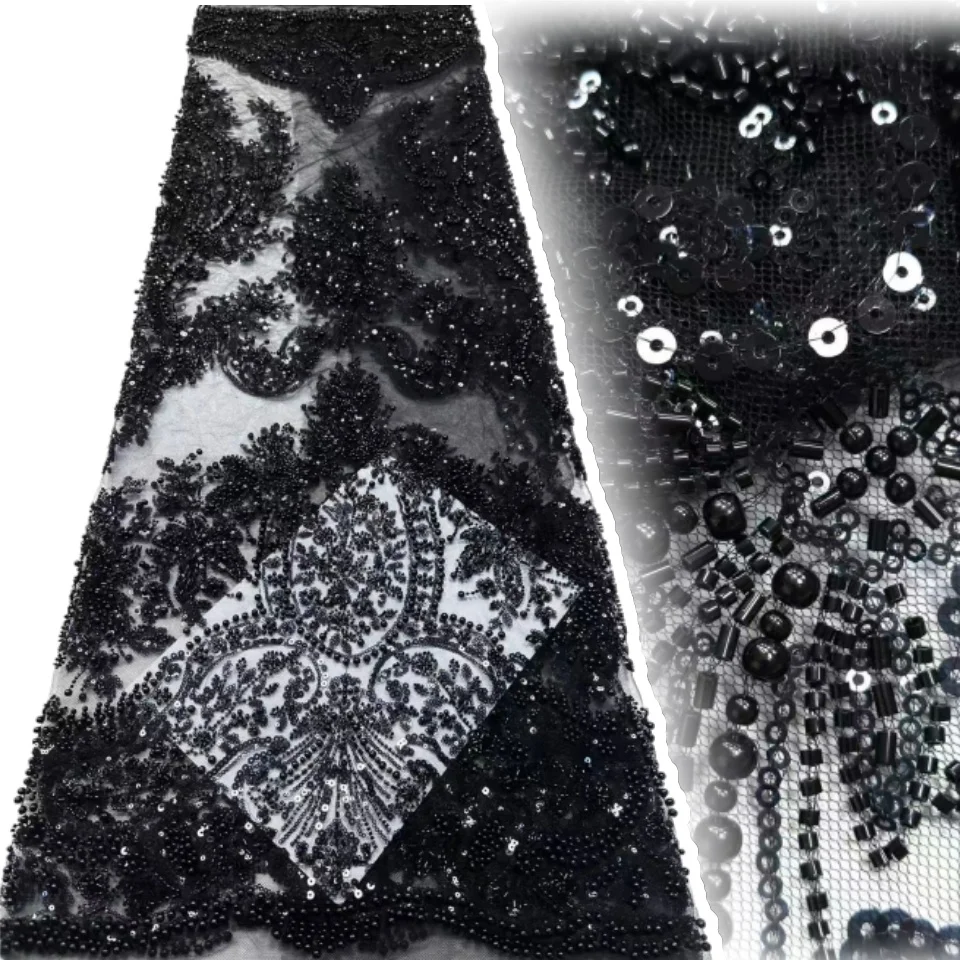 

Африканская черная кружевная ткань с бисером 2025 года, французская 5 ярдов, тюль, сетка с блестками, вышитая кружевная ткань, свадебное праздничное платье CC1415