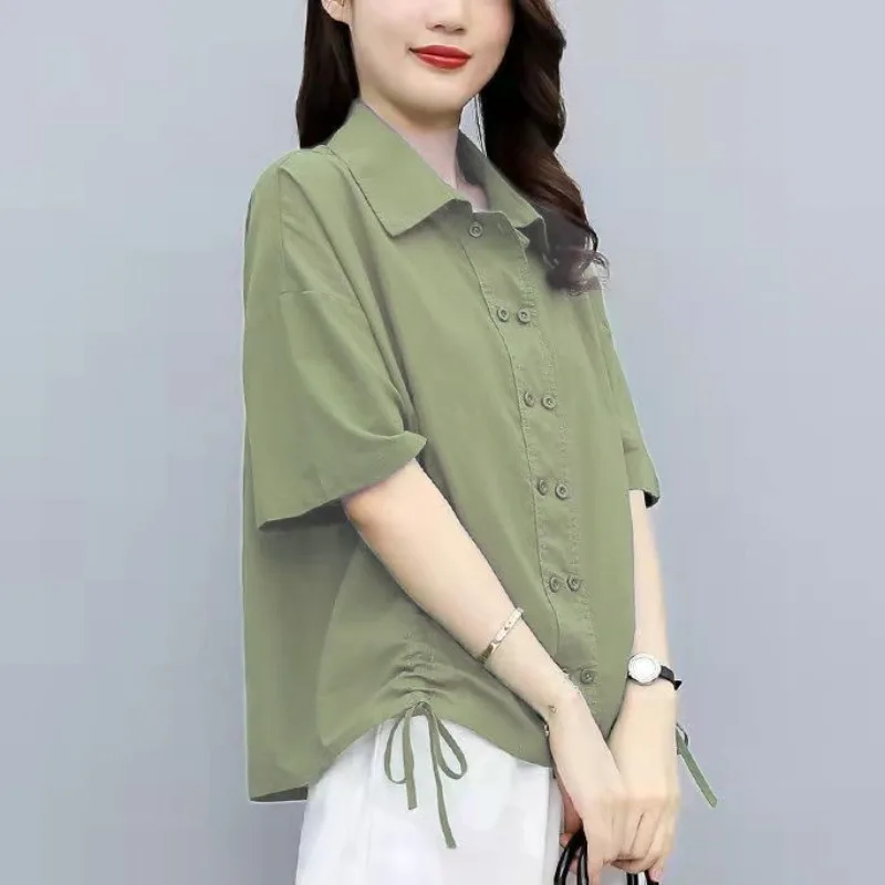 2023 Summer New Short Sleeve Fashion Cotton Shirt for Women Loose Lapel Pleated Casual Blouse Solid Color Button Vintage Tops