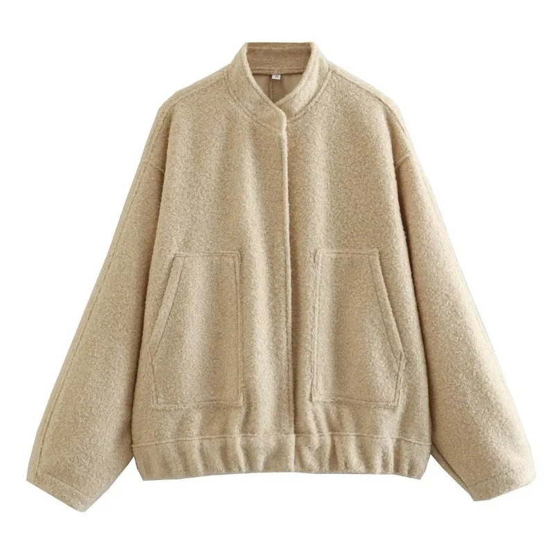 

Autumn Women Fleece Jacket Faux Fuzzy Long Sleeve Stand Collar Casual Zip Up Bomber Coat Outfits with Pocket Outwear