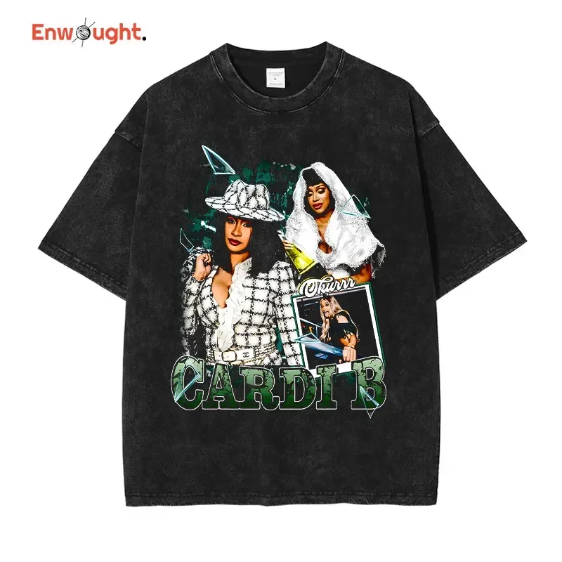 Cardi B T Shirt Female Rapper Singer Bardi Tops Tees Vintage Washed Short Sleeve Hip Hop Oversized Streetwear Men Cotton T-Shirt