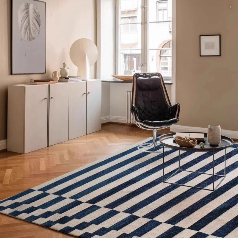 Living Room Carpet Non-slip Waterproof Stain-resistant Floor Mat Minimalist Blue White Striped Rug Large Area Home Decor Mats view 4