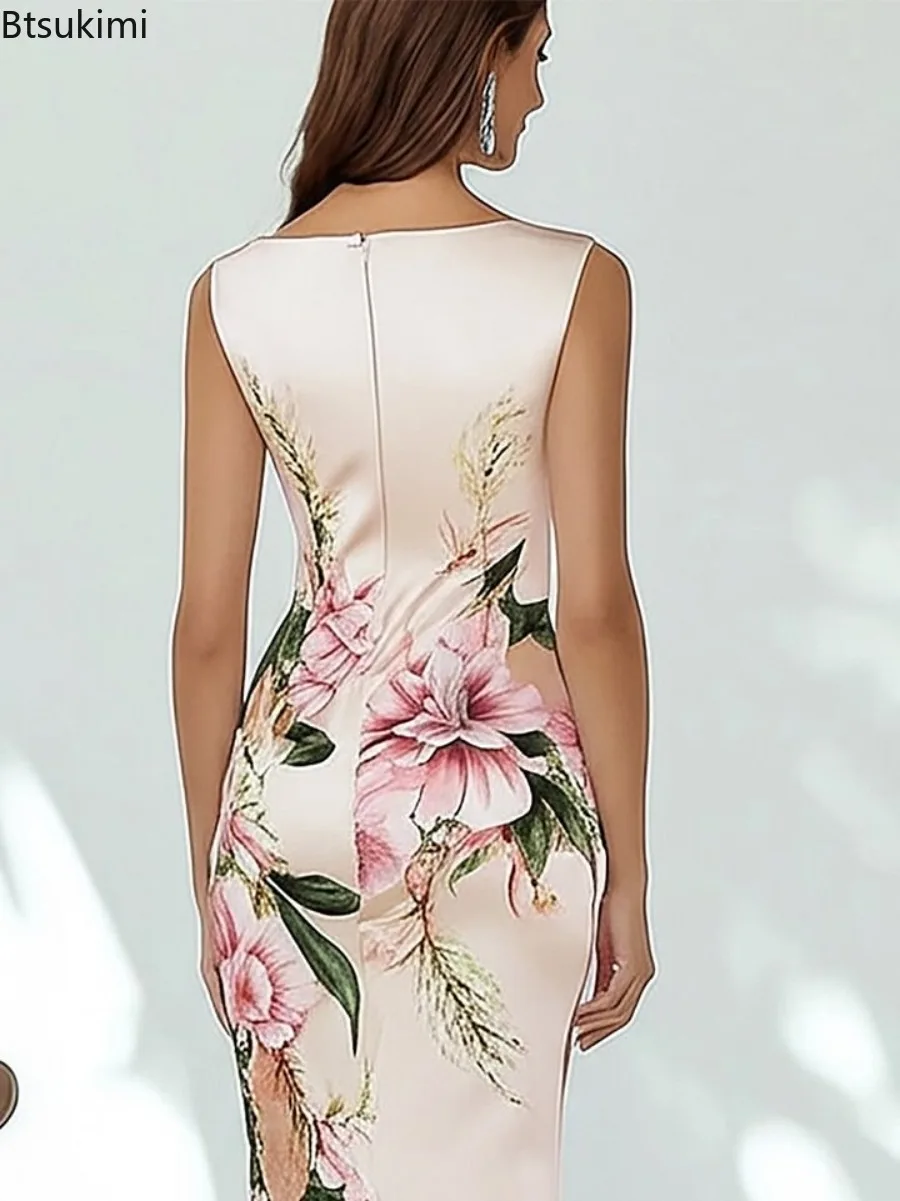 2026 New Women's Sleeveless Back Zipper Dress Summer Fashion Floral Printed Bodycon Party Dress Elegant V Neck Commute Dresses