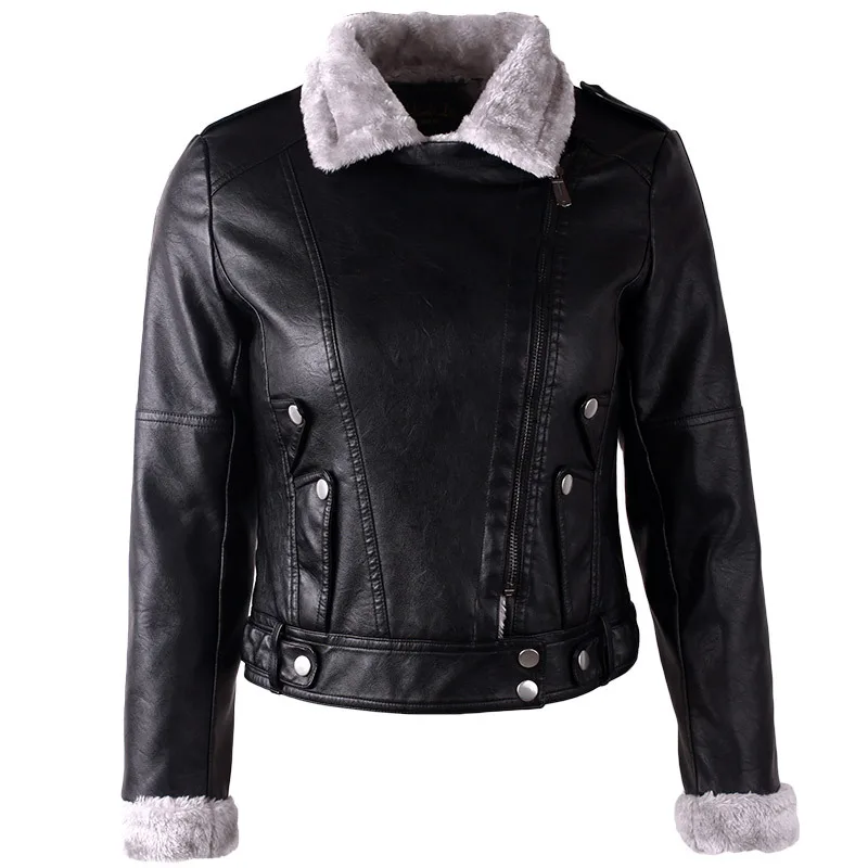 Jaqueta Feminina de Couro com Gola Reversível, Ajuste Slim, para Primavera, Outono e Inverno