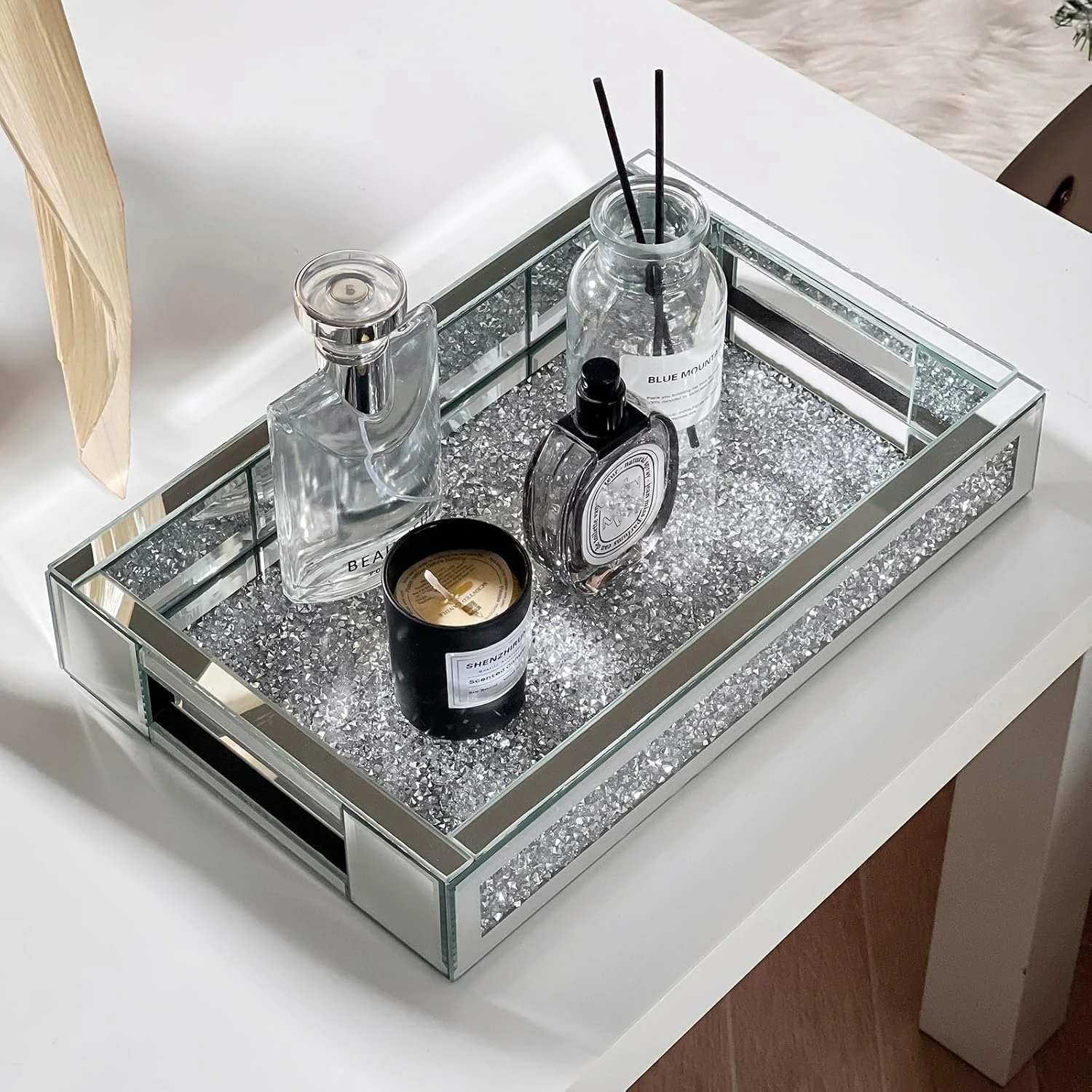 Rectangle Glass Tray With Handles for Dresser Mirror Makeup Organizer Perfume Display Bling Diamond Home Decor Accent for Vanity