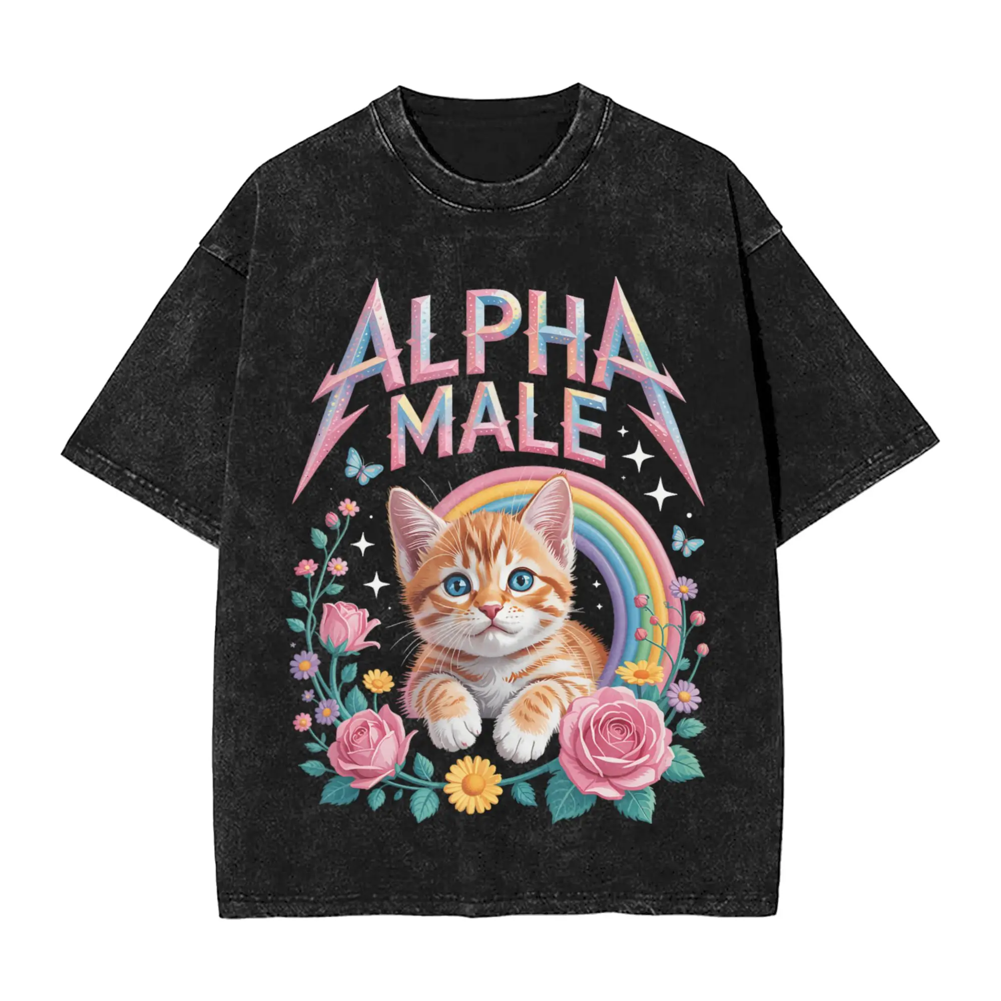 Alpha Male Funny  Cat Lover Men's T Shirt Washed  Novelty Tee Shirt Short Sleeve Round Collar T-Shirt 100% Cotton Unique Tops