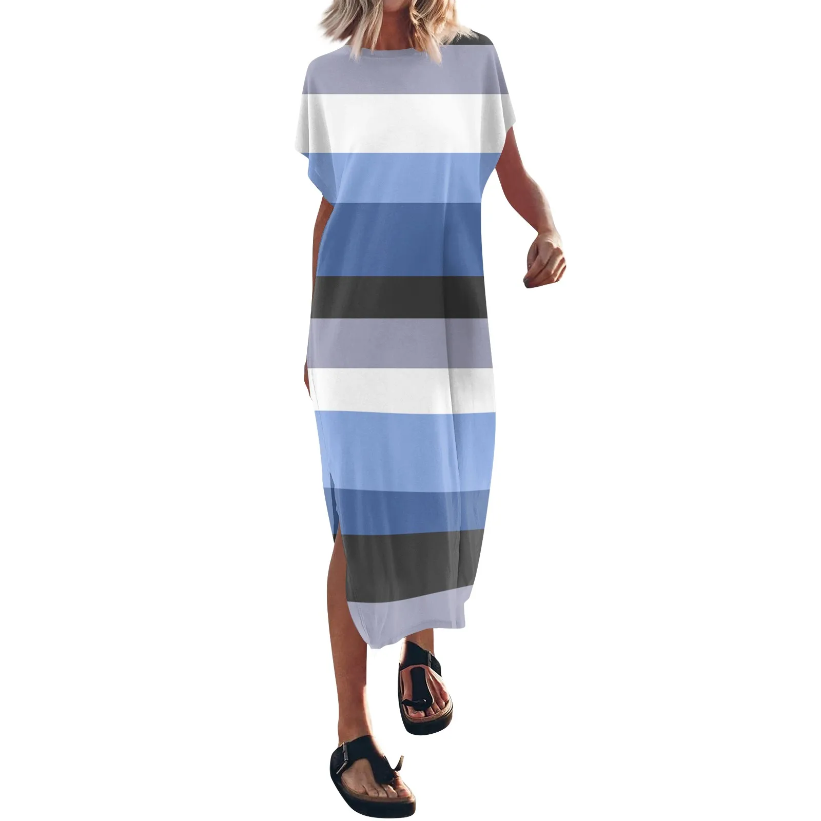 Robe t-shirt à manches courtes pour femmes, col rond, décontracté, High Street, rayé, patchwork, poche, robes maxi assorties, été, nouveau