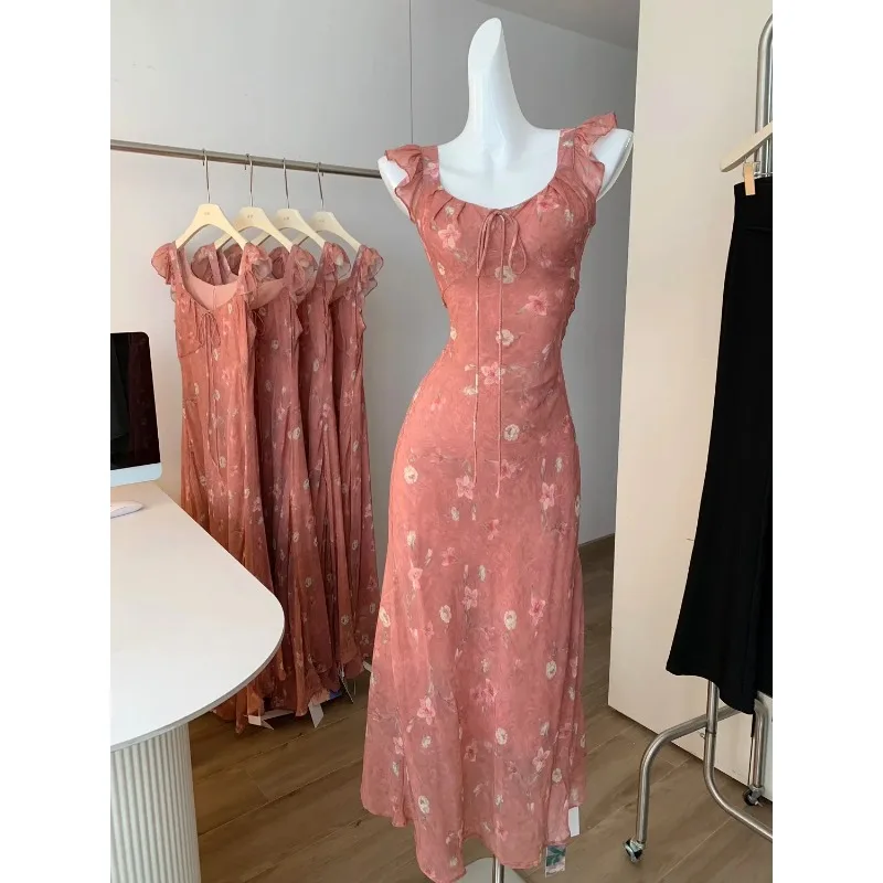 dusty pink floral print frill detail midi dress Vero Moda Smilla Chiffon cami ruffle detail midi dress in pretty light pink based floral print