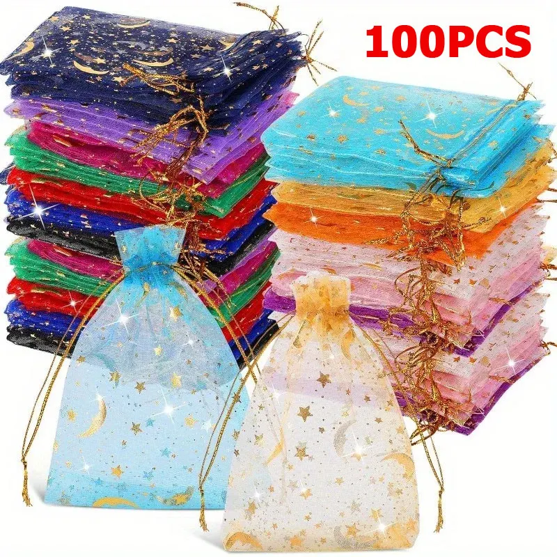 100 Uds. Bolsas de Organza con cordón de estrellas y Luna, bolsas de regalo de joyería, bolsas de Organza de estrella dorada para bolsas de regalo de boda y Navidad