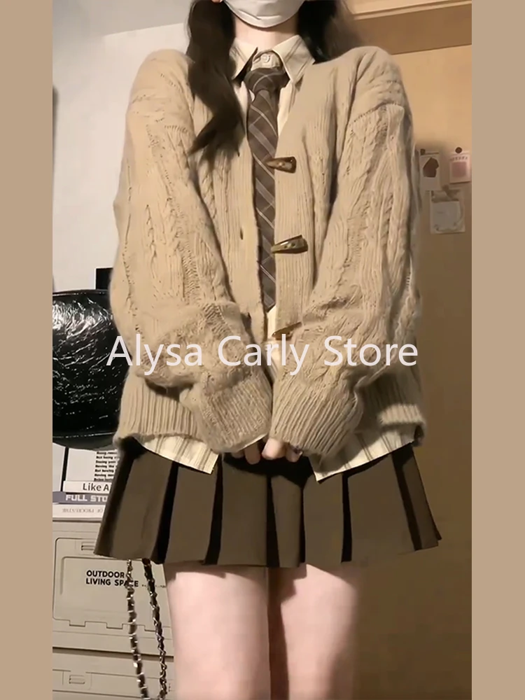 Japanese Preppy Style Coffee Knitted Sweater Women Loose Long Sleeve Button Thick Cardigan Winter Casual Vintage Warm Tops Coat