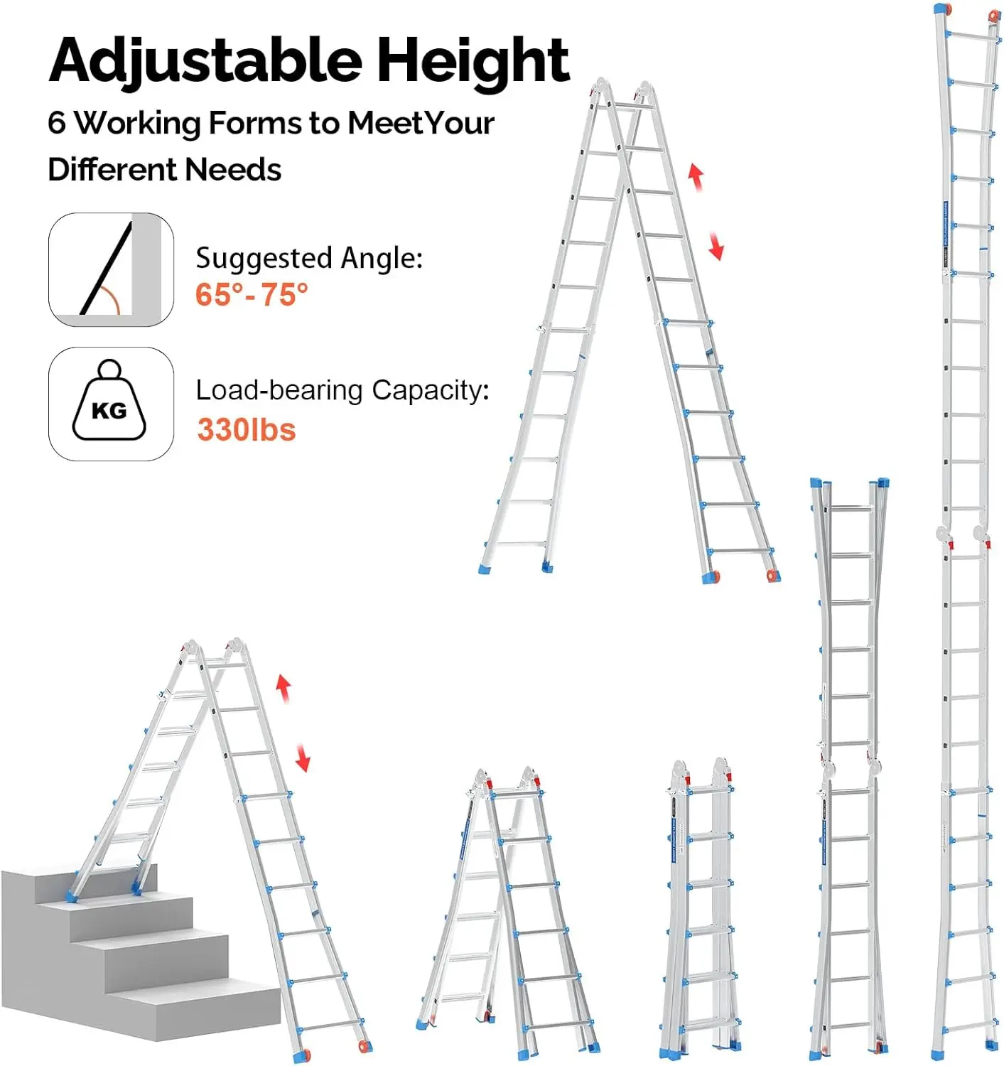 Escalera, escalera telescópica de 6 escalones con estructura, altura de alcance de 22 pies, escalera plegable de posición múltiple, diseño de patas y ruedas acampanadas, 33