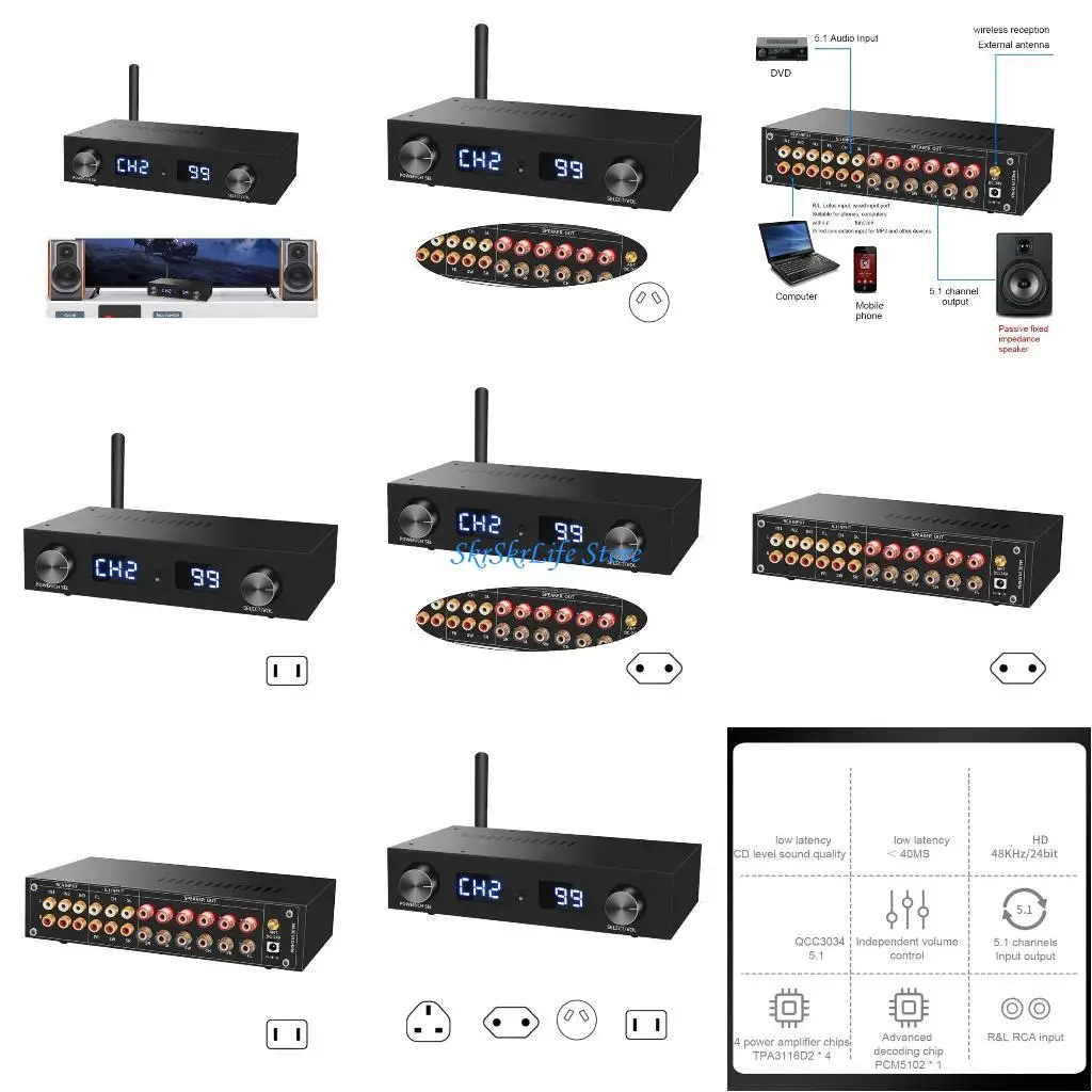 

E65E PA510 5.1 Channel Digital Power Amplifier Bluetoothcompatible 5.1 Powerful Output 50Wx4+100Wx2 6CH Remote Control