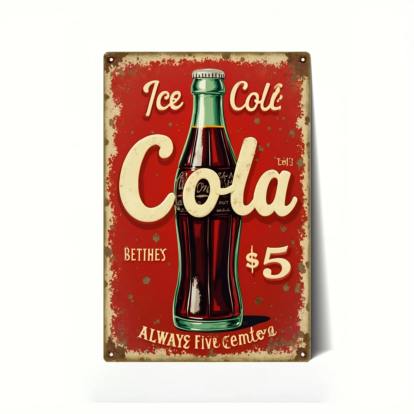 (Pintura en estaño 2D) Placa metálica vintage de refresco 2D plana - 1 unidad |   Decoración Retro con Diseño de Publicidad de Cola Roja y Verde - Arte Mural Resistente para Pared