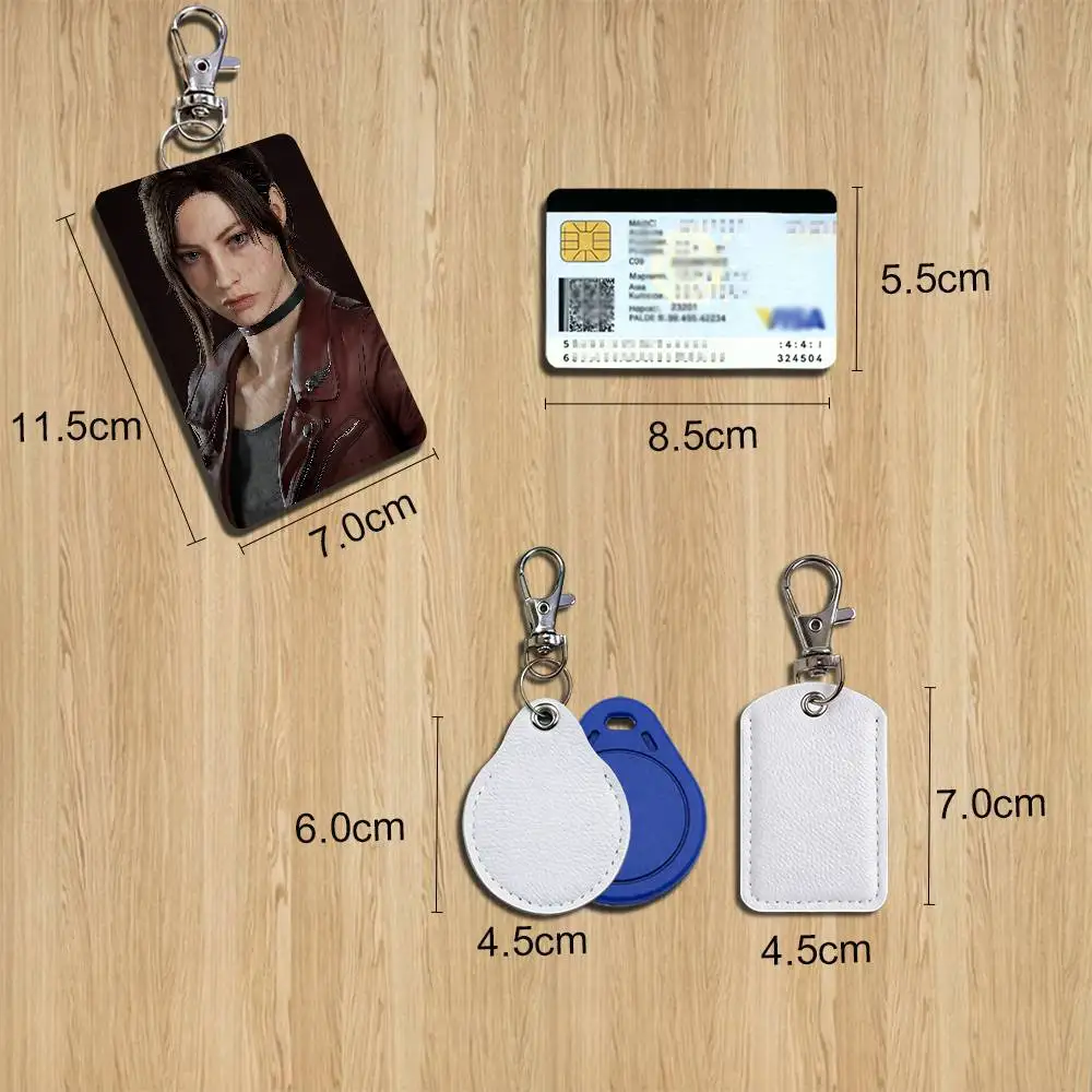 Claire Redfield Ada Wong Leon Resident Evil Rectangle ID Card Case Keychain Access Card Bag Key Tag Ring Leather Card Holder