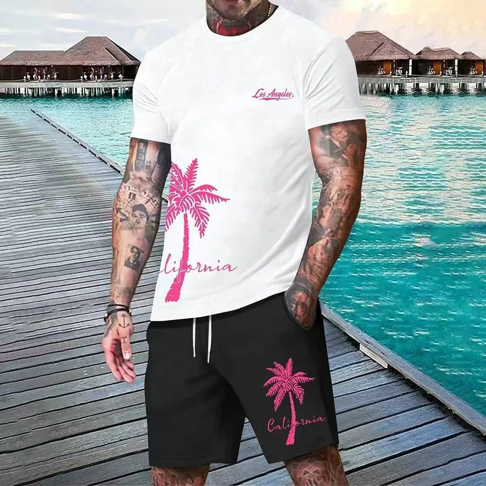 Men's Suit New Hawaiian Gradient Coconut Print Suit Summer Beach T-Shirt And Pants 2 Piece Fashion Sports Plus Size Men's Suits view 5